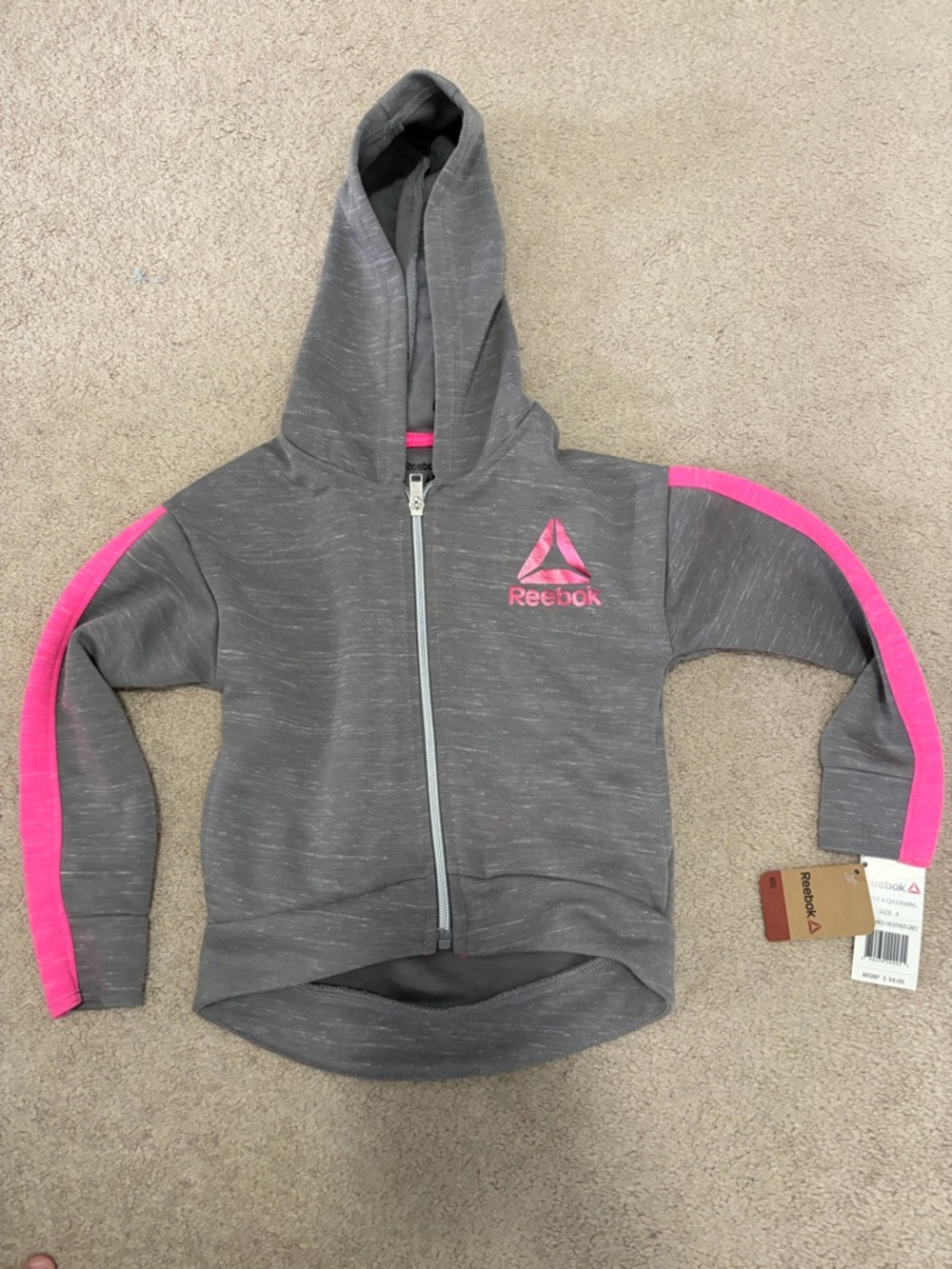 Reebok Gray Hoodie with Pink Stripe Accents